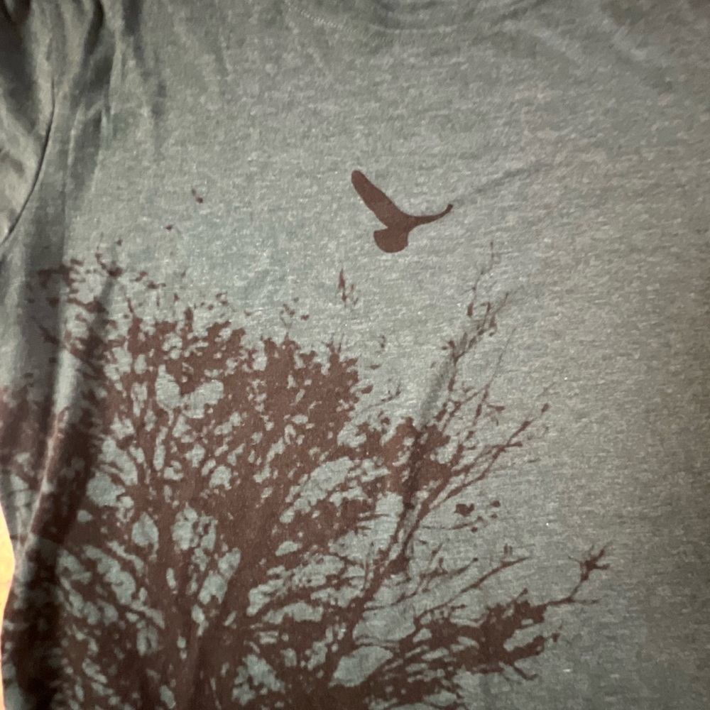 NEW Teal Graphic T-Shirt with Tree Forest and Bird Design - Picture 2 of 5